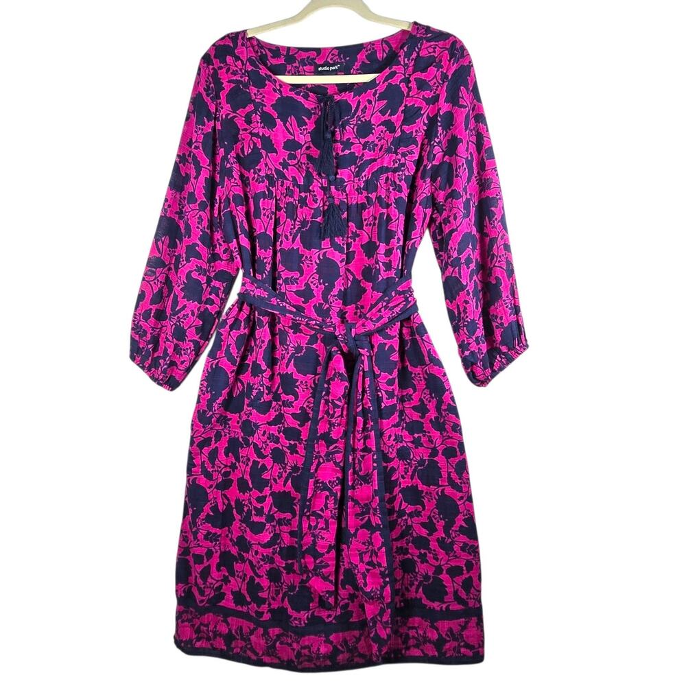 Studio Park x Amy‎ Stran Dress Medium Berry Navy Floral Belted Boho Peasant